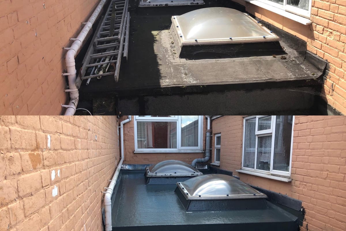 An old flat roof with worn roof lights, before and after repair